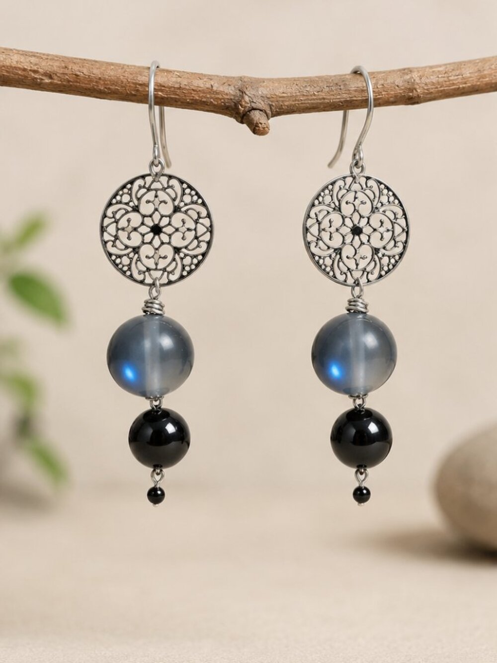 Handcrafted, One-of-a-kind, Elegant dark tone earring with titanium hooks